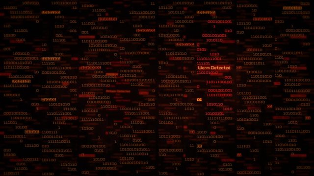 Binary data code animation showing warning messages in a virtual environment. Security breach concept, warning texts in a virtual environment.  System hacked. Virus and malware detected.