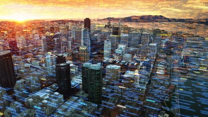 Internet of things. Futuristic city where every building, home appliance, device and person is connected forming a computer network. Binary code over city skyline. Shot from helicopter. 