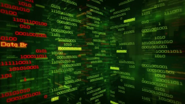 Binary data code animation showing warning messages in a virtual environment. Security breach concept, warning texts in a virtual environment.  System hacked. Virus and malware detected. Green. 360.