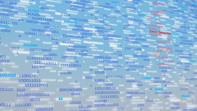 Binary data code animation showing warning messages in a virtual environment. Security breach concept, warning texts in a virtual environment. Cyber Attack. Worm detected.
