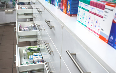 Pharmacy. The interior of the Medicines are located on the shelves