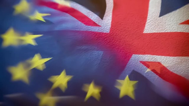 UK Union Jack and European Union EU flags reflected in slow motion water splash on the right hand side.