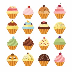 Delicious cupcakes and muffins vector set. Illustration in flat style. Birthday cakes with chocolate, berries, cream and fruits.