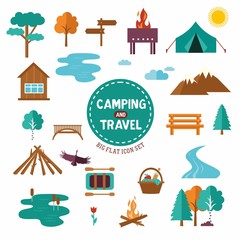 Big set of camp and travel symbols and icons. Collection with tent, trees, mountains sign.