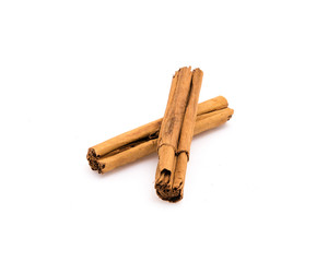Studio shot two raw dried organic cinnamon sticks isolated on white
