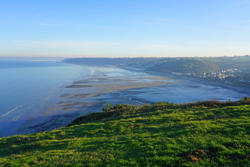 View of the Atlantic Ocean in the Baie de Saint Brieuc at low tide from the Pointe de Pordic in...