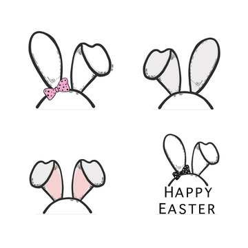 Bunny & rabbit ear set and text Happy Easter. Fabric, T-shirt design, photo, easter element vector illustration