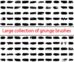Collection of brushes in grunge style. Horizontal strokes of black paint on a white background. Abstract ink spots