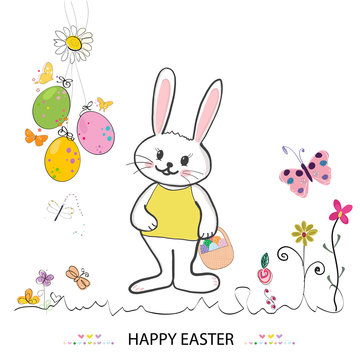 olorful Happy Easter greeting card with cute bunny, flowers and hanging eggs vector background