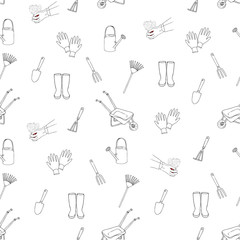 Gardening endless pattern. Wheelbarrow, rubber boots, shovel, rake, mittens, watering can, planting hands ink hand drawn monochrome art design element stock vector illustration for web, for print, for