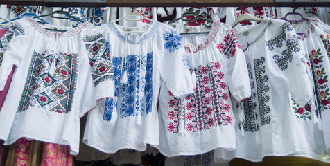 Multicolored cotton women's and men's shirts with Romanian embroideries