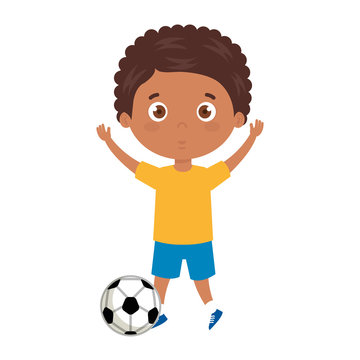 cute boy playing with soccer ball on white background