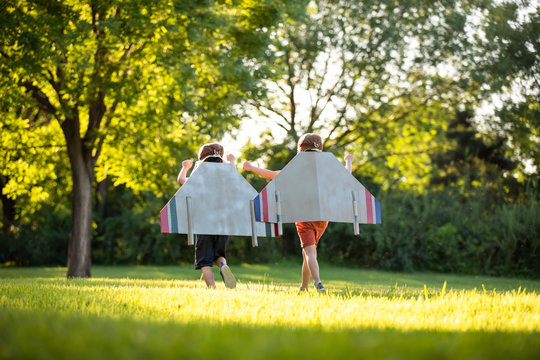 Little boys in costume playing on meadow