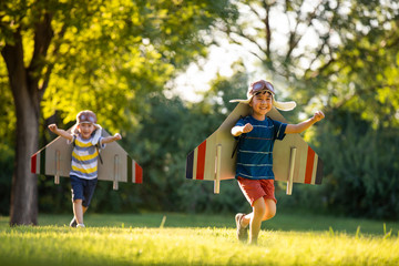 Little boys in costume playing on meadow