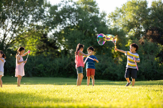 Happy children blowing bubbles on meadow