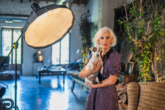 Pensive gray haired actress in elegant dress with obedient small Jack Russell Terrier dog standing beside soft box and looking at camera during break in work against blurred interior of cozy contemporary studio