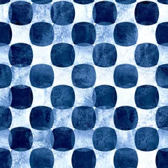 Gardinen Nahtloses geometrisches Muster mit Grunge monochromen blauen Marine Aquarell abstrakte überlappende Formen karierten Hintergrund © Olga