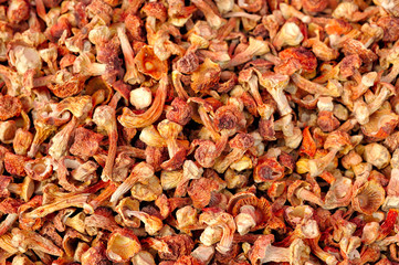 Red mushrooms used in Chinese medicine drying in sunshine.
