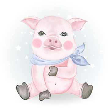 baby pig adorable watercolor illustration