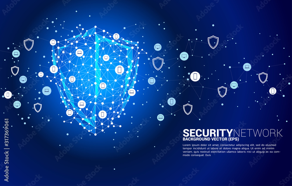Poster Protection shield icon from dot connect line polygon network and mobile phone and IT device. concept of guard security and safety