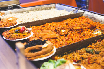 Variety assortment of different traditional Hungarian street food at one of the stalls in the streets of Budapest, Hungary , spring and Easter Market