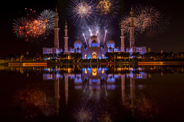 Beautiful fireworks over Sheikh Zayed Grand Mosque in Abu Dhabi, United Arab Emirates. The third...