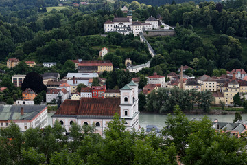 Fototapeta na wymiar Panoramic view of Passau's old town, Passau Germany.