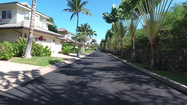Quiet road through luxurious villas with posh modern architecture inside holiday resort in Hawaii island