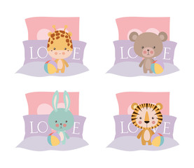 Set of cute babies animals in bed vector design