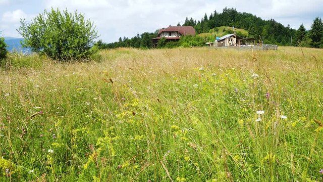 mountain landscape with the country house on a green grassland and clouds floating abobe the green hills