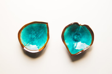 Empty snack plates leaf design isolated on white background (different angles)