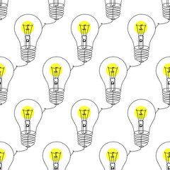 Seamless pattern with luminous bulbs. Light bulbs in one continuous line. Linear design element. Repeating texture.