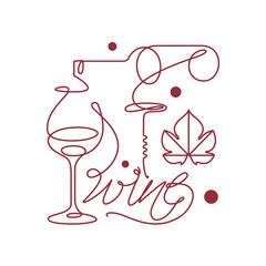Glass and bottle of wine, grape leaf and corkscrew. Single line icon in modern style. Design element for wine tasting, menu, wine list, .restaurant, winery, shop. Continuous line