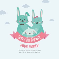 Greeting card template with rabbit family. Cute animals character with mom, dad and child. Kids illustration for postcard, poster, family celebration.