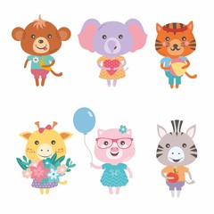 Vector set with beautiful animals. Funny character collections. Monkey, elephant, tiger, giraffe, pig, zebra in bright clothes. Simple and cute style for baby.