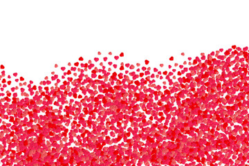 Abstract vector background with copy space for Valentine Day. Romantic greeting card made of small red confetti hearts scattered on white background.
