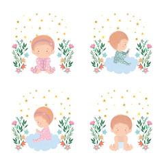 Set of cute babies with flowers and leaves vector design