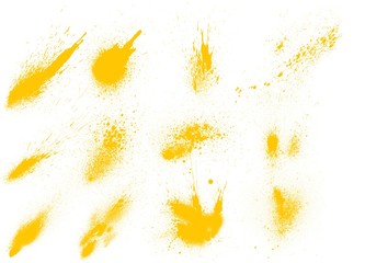 Yellow paint splashes set. Abstract yellow paint brushes 