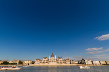 Wide angle Hungarian Parliament Building with copyspace.