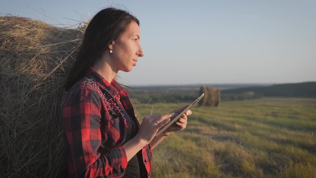 Farmer lean on hay bale using tablet on wheat field. Women farmer uses tablet in the field next to haystack. Smiling farmer wich a tablet.