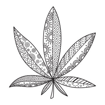 Cannabis doodle coloring book page. Antistress for adult. Black and white zentangle marijuana
