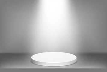 Illuminated scene with podium. Presentation realistic decorations. Studio empty space. Showroom concept. Vector illustration