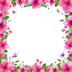 Hand drawn watercolor spring flowers frame.