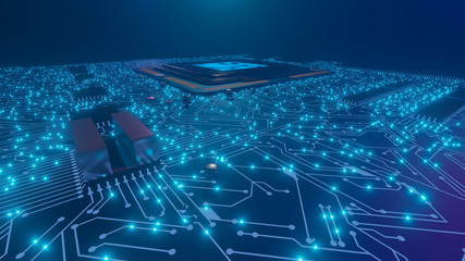 3D rendering. AI. Circuit board. Technology background. Central Computer Processors CPU concept. Motherboard digital chip. Tech science background. Integrated communication processor.