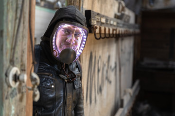 man in gas mask in futuristic science fiction apocalypse 