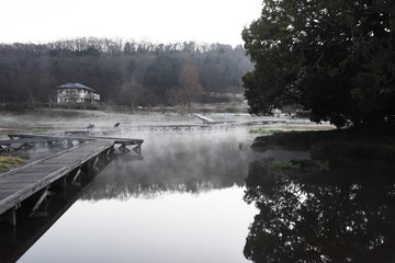 A fantastic sight / Steam fog at a pond in a natural park.