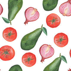 Watercolor vegetables seamless pattern. Onion, tomato, avocado. Bright juicy vegetables. Hand drawn background. Watercolor vegetables seamless pattern. Onion, tomato, avocado. Bright juicy vegetables.
