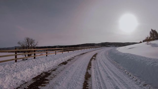 timelapse journey over Dallas Divide outside of Ridgway Colorado on publick access road with views of Ralph Lauren's "Double RL" ranch in snow