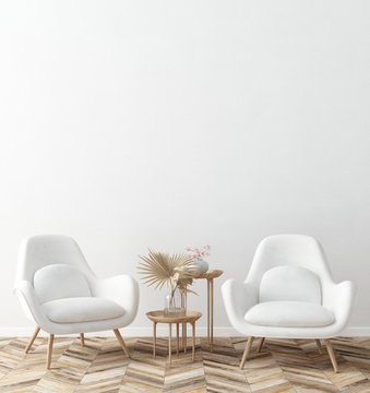 Living room interior with white armchairs and dry flowers on table, white wall mock up background, 3D render