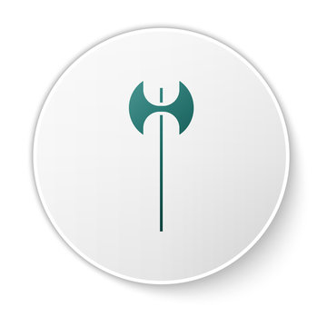 recommend clip art: Green Medieval axe icon isolated on white background. Battle axe, executioner axe. Medieval weapon. White circle button. Vector Illustration